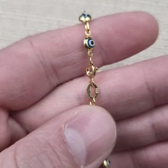 7.5 Inch Gold Over Sterling Silver Evil Eye Nazar Chain Bracelet A7304 - Picture 5 of 7